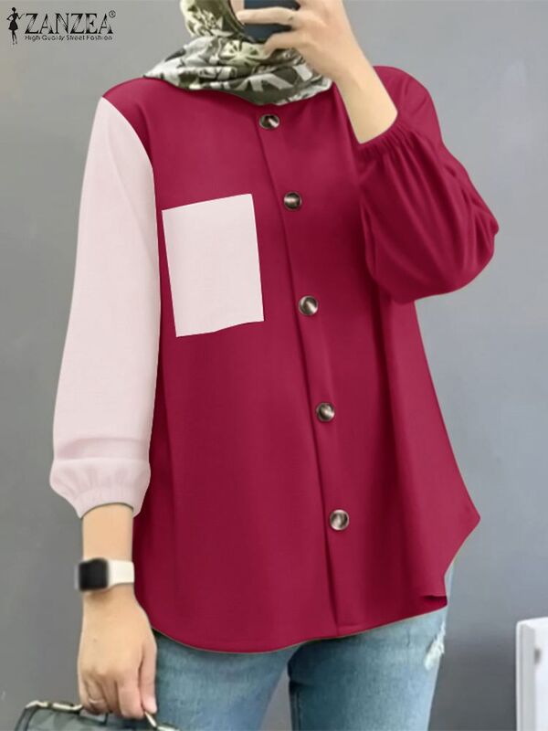 ZANZEA-Camisa de patchwork de manga comprida com lapela para mulheres, blusa muçulmana, botões casuais tops, moda outono, blusas Eid Mubarek