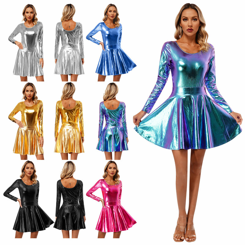Womens Shiny Metallic Party Dress Outfits Long Sleeve Round Neck Leotard with High Waist Flare Skirt for Stage Performance
