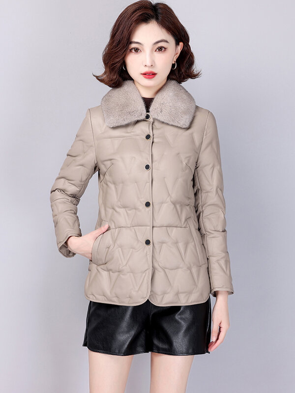 새로운 여성 가죽 다운 재킷 가을 겨울 2024년 평상복 패션 밍크 모피 칼라 단색 헐렁한 짧은 양피 다운 코트