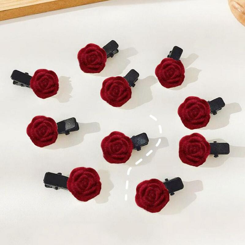 Pinzas para el pelo rosas de terciopelo rojo coreano para mujeres, horquillas pequeñas de flores, Clip para el cabello para niñas, pasador elegante, pasadores, acceso para el cabello de boda B0Q7