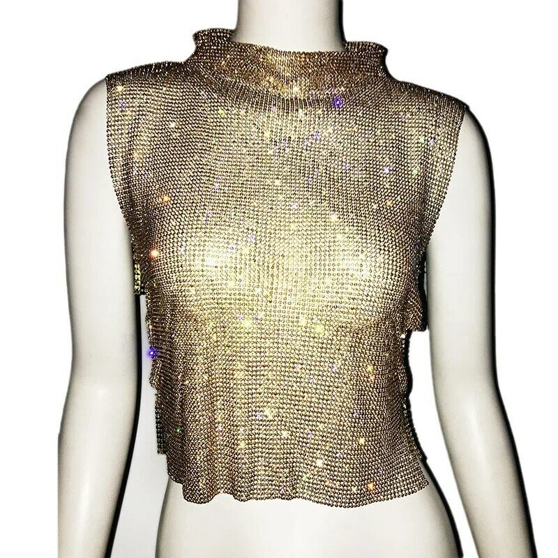 T-shirt personalizzata con collo alto senza maniche in metallo pieno di diamanti canotta da donna piccante ragazza Party Sexy Top Trendy