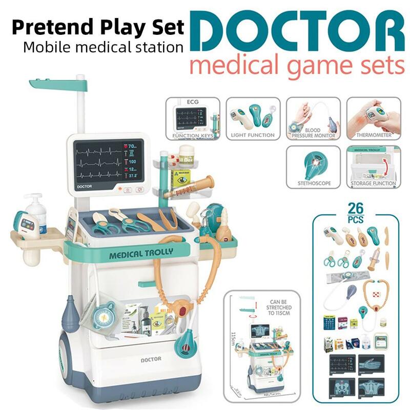 Kit de médico para niños y niñas, Set de estación médica de simulación, carrito móvil con termómetro, regalos, 26 piezas/20 piezas/47 piezas
