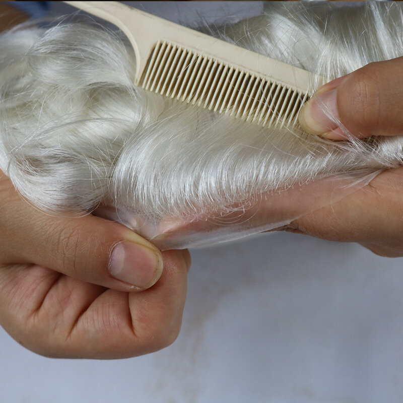 Rambut manusia pirang Platinum 100% rambut manusia v-looped PU 120-130% kepadatan rambut palsu untuk pria 0.06-0.08mm Sistem prostesis rambut dasar kulit