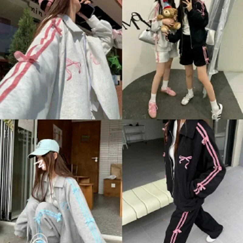 Słodki kombinezon kokardka dla dziewczynek damski koreański nowy wiosenny i jesienny moda uliczna luźna cienka kurtka z szerokimi nogawkami proste spodnie dwuczęściowy garnitur