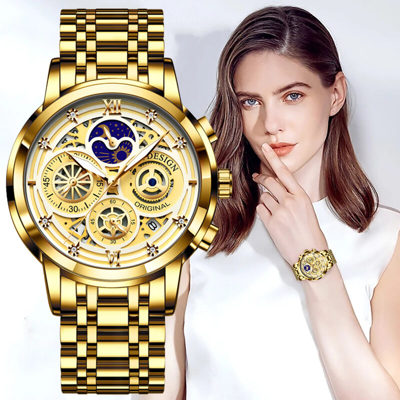 LIGE-Relojes de pulsera creativos de acero para mujer, accesorio de lujo, dorado, resistente al agua + caja, 2023