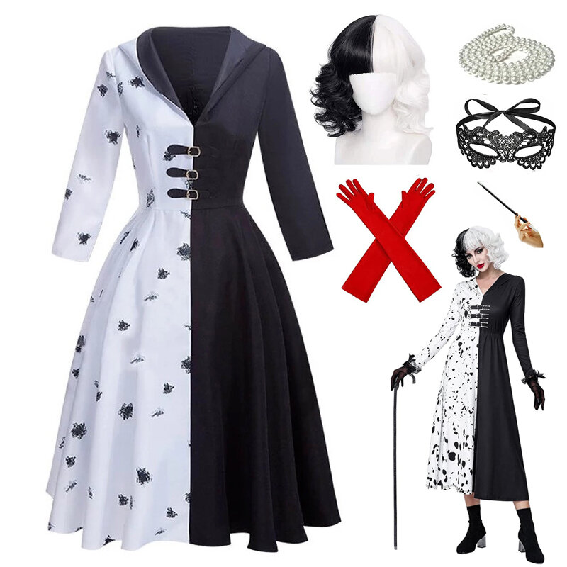 Cruella De Vil Cosplay Costume pour femme, robe de femme de chambre noire et blanche avec gants, sweat à capuche, jupe, perruques, tenues de fête d'Halloween