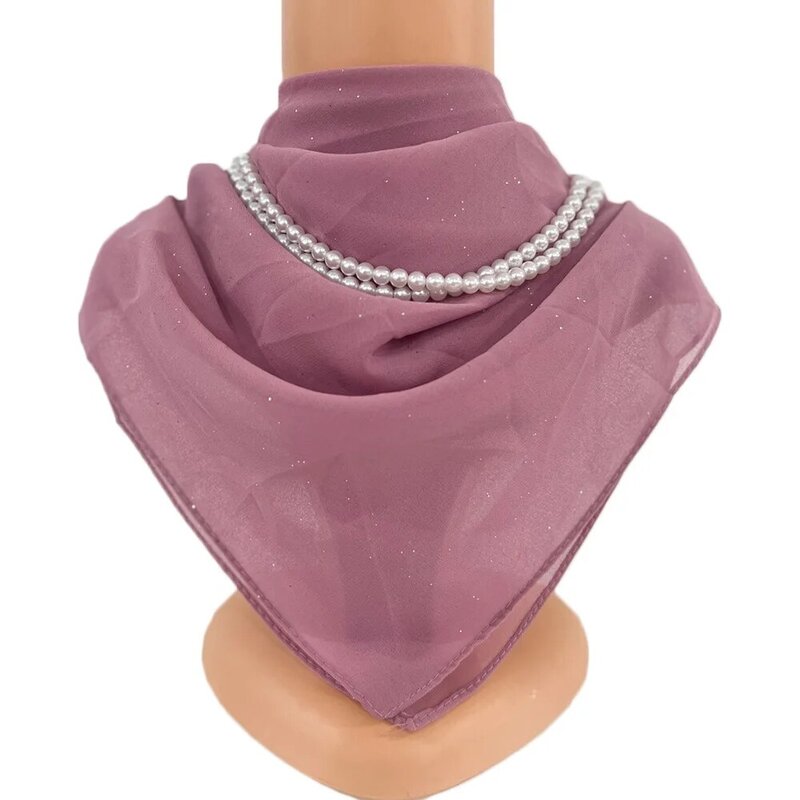85*85Cm Headwrap berat sifon persegi syal Muslim Hijab wanita Fashion Islam kasual warna polos Hijab dengan kalung