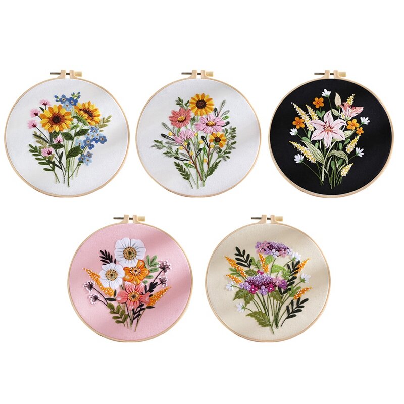 5 zestawów zestaw do haftowania zestaw dla początkujących dorosłych, zawiera wytłoczony wzór kwiatowy, obręcz, kolorowe nici, narzędzia, doskonałe wykonanie