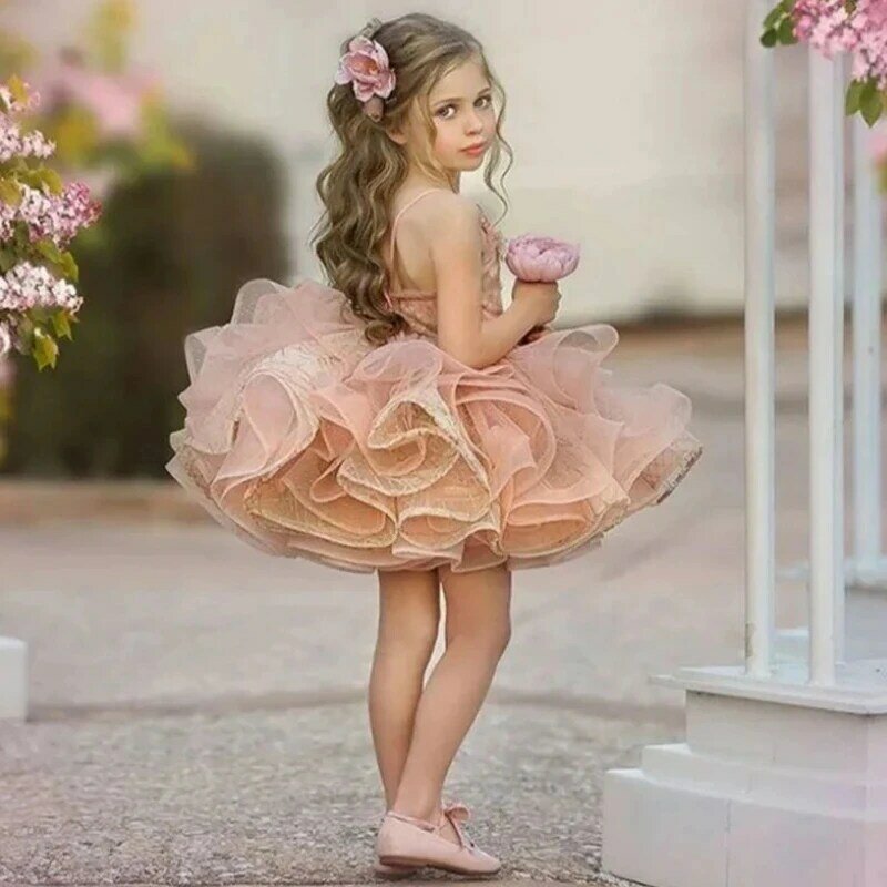 Applique renda camadas Ruffy tule flor vestido, vestido curto bonito concurso princesa vestidos, casamento e festa de aniversário para crianças, 2024