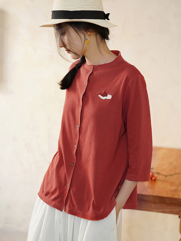 Collarless Button Down Shirt Women Retro Blouse Chinese Slouchy Tops with Embroidery