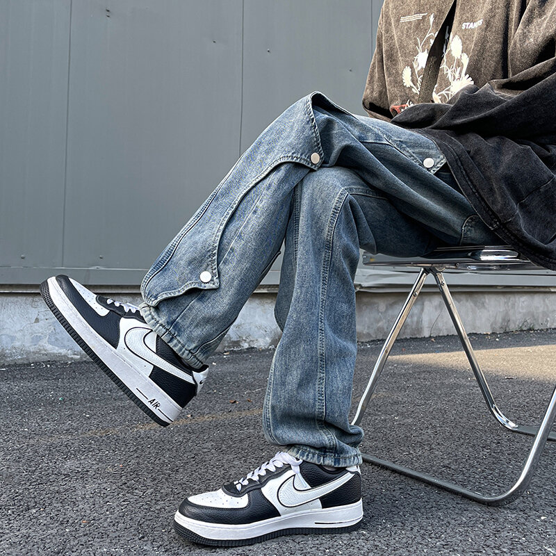 FEWQ-Jeans de perna reta monocromática masculina, calça casual, calças de botões, moda de rua alta, verão, nova tendência, 24X9034, 2024