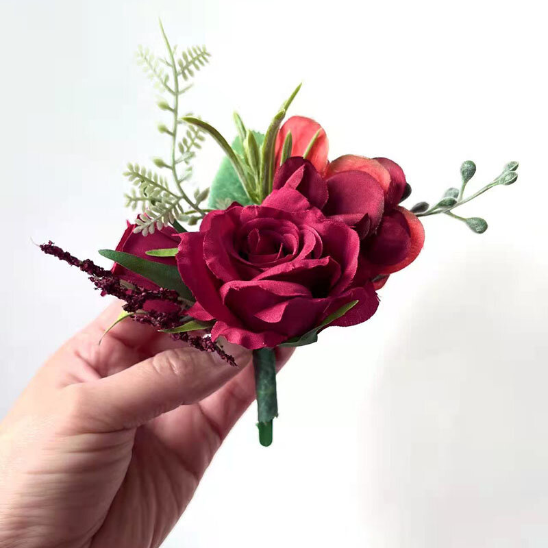 Weiß Boutonniere Hochzeit Corsage Blumen Künstliche Rote Rose Armband für Brautjungfer Männer Knopfloch Gäste Ehe Zubehör