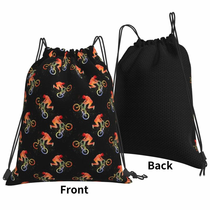 BMX-mochila negra de acuarela para hombre y mujer, bolso con cordón, bolsa de almacenamiento de bolsillo para libros, escuela