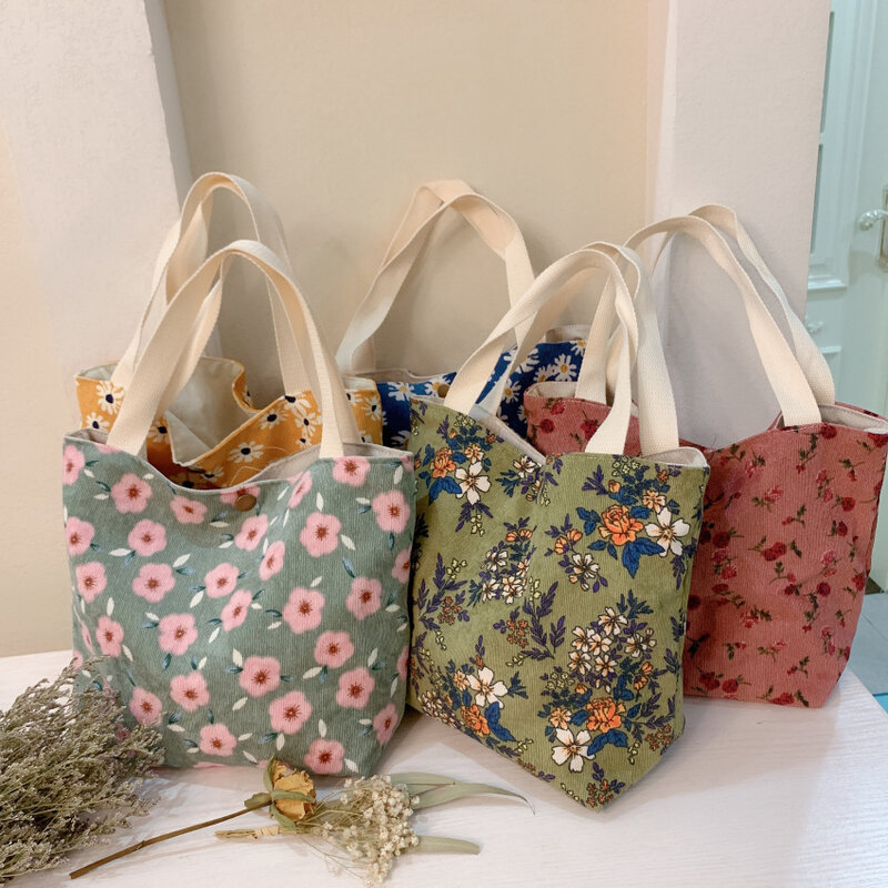 Retro Literary Handbag Fashion Corduroy Cloth Shopping Bag with Handle Lunch Bag for Fashion Summer Girls Students Books Bag