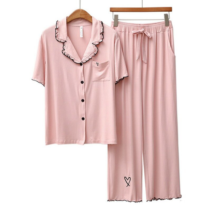 Women's Fashionable Casual Lapel Button Short Sleeved Solid Color Top Long Pants Home Suit Straight Leg Dress Pants for Women