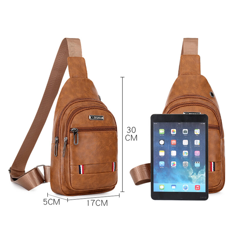 High Quality PU Leather Casual Triangle Crossbody Chest Sling Bag With Headset Hole Design Travel One Shoulder Bag Daypack Male