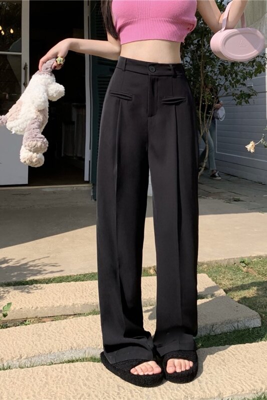 Celana Setelan Kaki Lebar untuk Wanita Musim Semi Musim Panas Celana Panjang Lurus Longgar Pinggang Tinggi Chic Celana Panjang Kaki Lebar Warna Solid Kasual Wanita