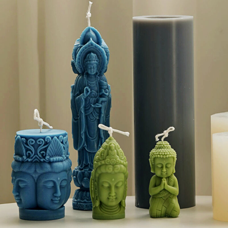 Guanyin 부처님 동상 촛불 실리콘 금형 DIY 세 얼굴 부처님 양초 만들기 수지 비누 금형 선물 공예 용품 홈 장식