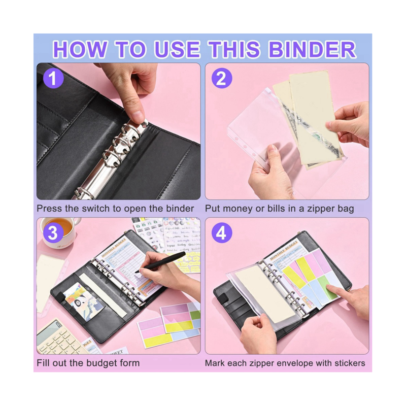 Budget Binder com Zipper Envelopes, Pasta de Planejador de Dinheiro, Organizador de Dinheiro, A6 B, 1 Conjunto