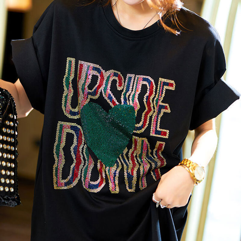 Koreański list stylowe diamenty T-shirt z krótkim rękawem letni w kształcie serca Casual O-Neck odzież damska luźne swetry dojazdowe