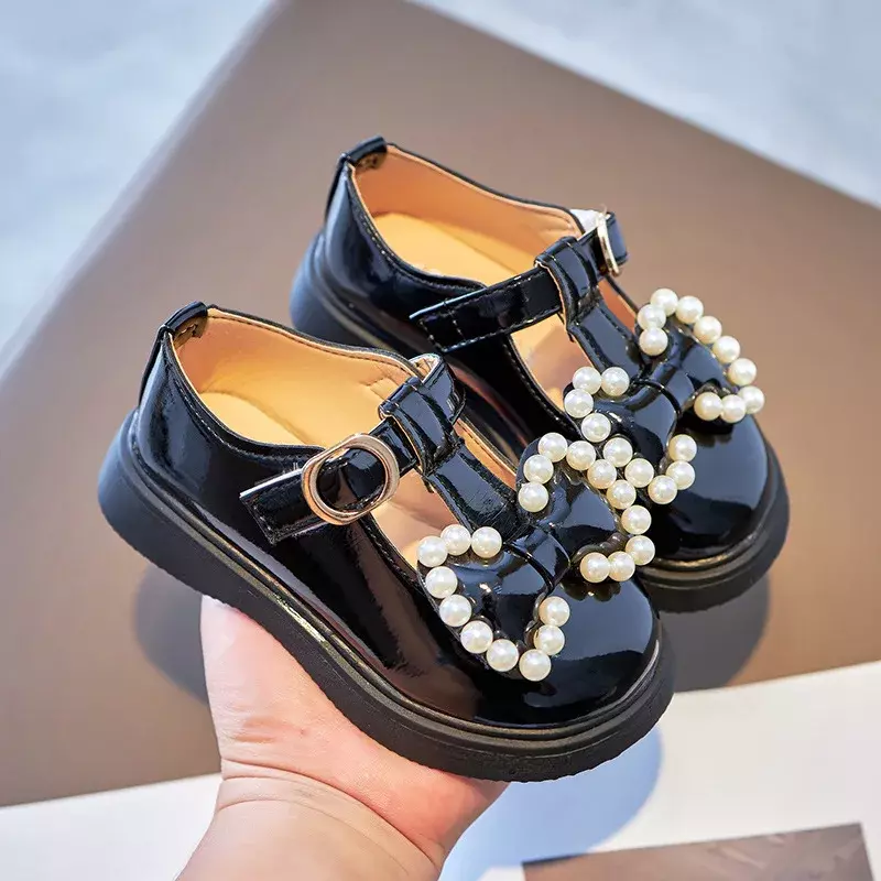 Spring Autumn Girls Leather Shoes with Bow-knot Pearls Beading Princess Sweet Cute Soft Comfortable Children Flats Kids Shoes