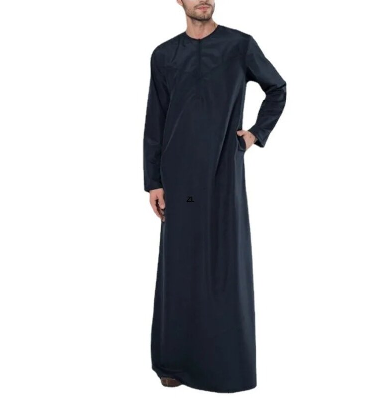 Ropa musulmana de manga larga para hombre, ropa de algodón con cuello redondo, color negro, estilo Jubba Thobe, moda Abaya, S-5XL, primavera y verano, 2024