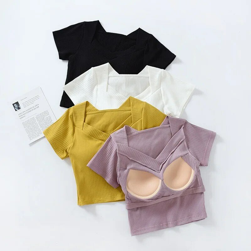Short Sleeved V-Neck T-Shirt Chest Pad Underwear Top Cotton Summer Pajamas Tops Casual Sleepwear Bottoming Shirt For Women