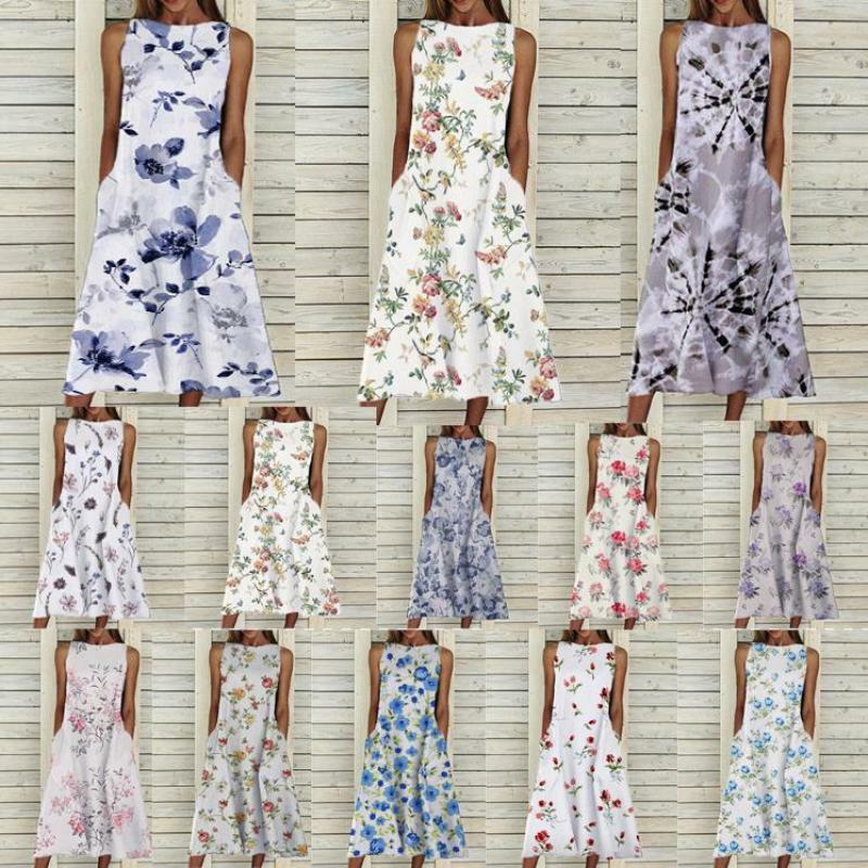 Summer Mid Length Skirt Urban Casual Floral Print Sleeveless Loose Fitting Round Neck Pullover Dress for Women's