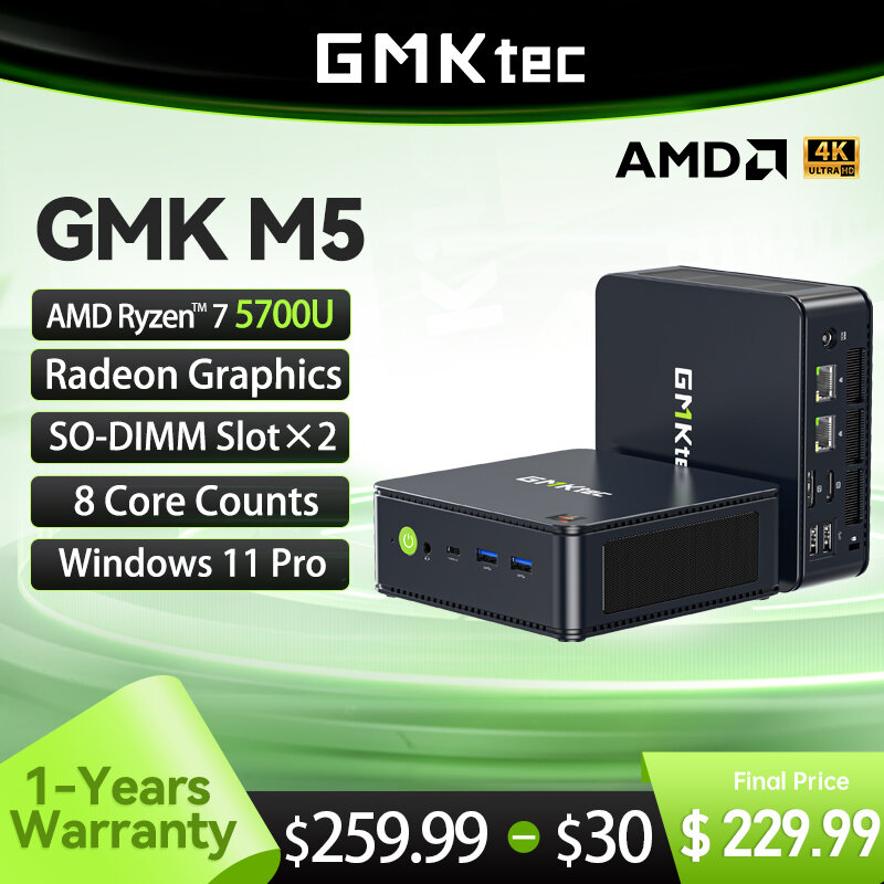 GMKtec 미니 PC GMK M5 AMD Ryzen 7 5700U NUCBOX Radeon 그래픽 코어 카운트 윈도우 11 프로 와이파이 6E SO-DIMM 슬롯× 2 최대 64GB