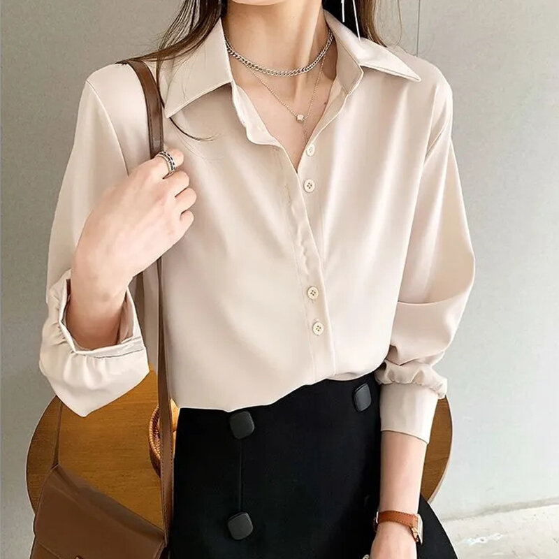 Gidyq-camisa informal de gasa para mujer, Top holgado de manga larga para oficina, color liso, combina con todo, moda coreana, novedad de verano
