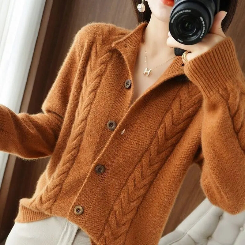 Half High Collar Twists Knitted Cardigan Autumn And Winter High-End Casual Loose Versatile Long Sleeved Base Sweater For Women