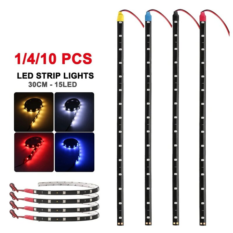Impermeável LED Strip Lights para carro, luz ambiente decorativa, atmosfera flexível, vermelho, amarelo, azul, 15SMD, 1, 4, 10, 30cm