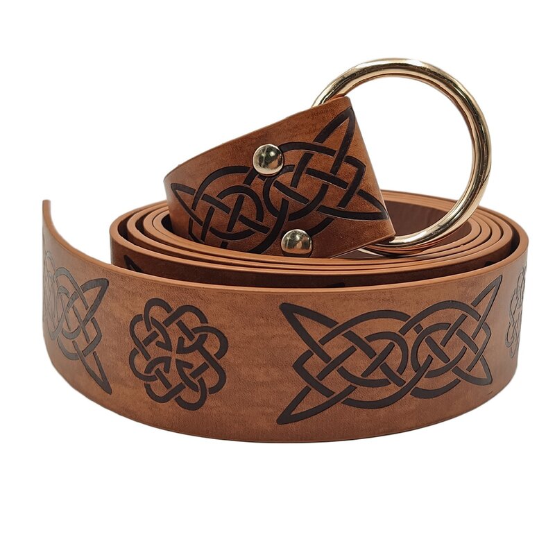 Vegvisir-Cinturón de cuero PU con relieve Medieval para hombre, cinturón con hebilla Retro, color marrón claro