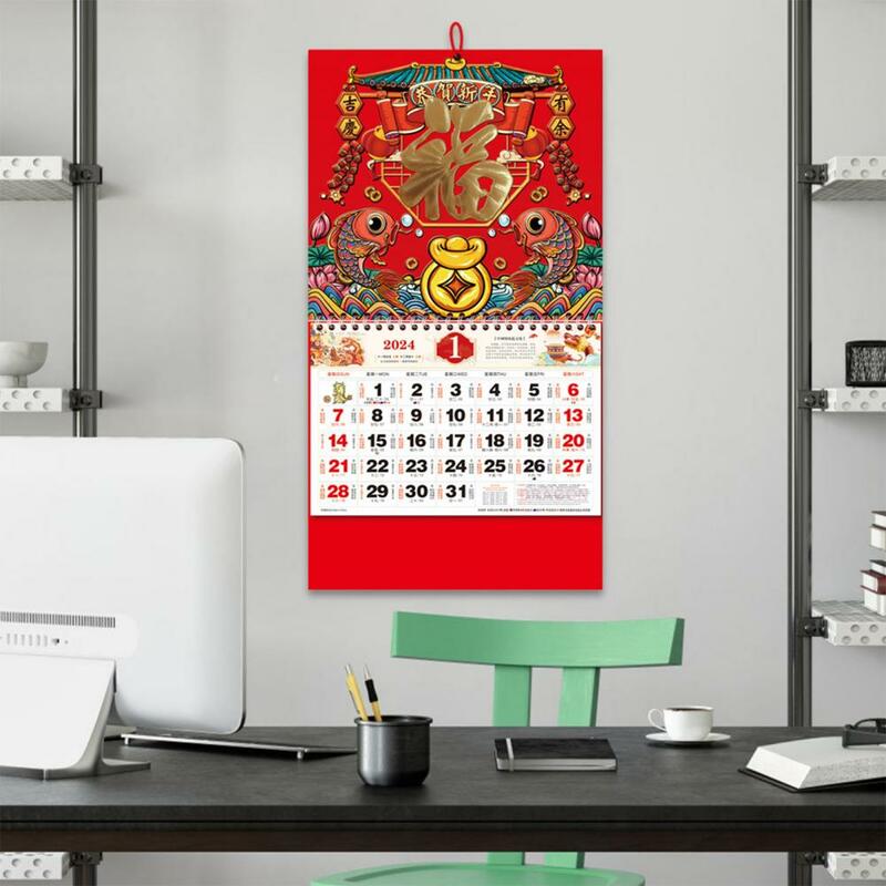 Calendário de parede do ano novo para decoração de casa, design tradicional do dragão, planejamento do ano lunar, ano novo chinês, 2024