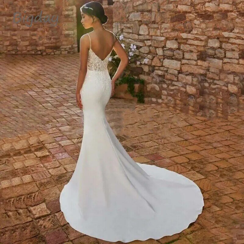 Gaun pernikahan putri duyung elegan gaun pengantin wanita tali Spaghetti putih renda punggung terbuka gaun pengantin gaun pengantin gaun pengantin