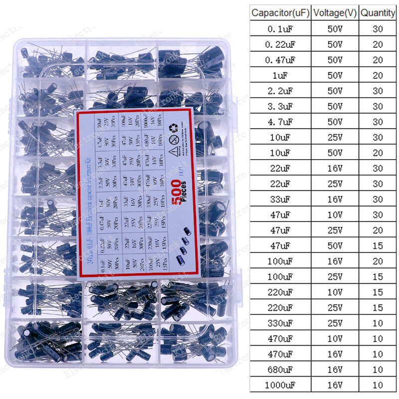 Jogo eletrolítico da variedade dos capacitores, 16V, 25V, 35V, 50V, 1uf, 2,2 uF, 3,3 uF, 4,7 uF, 10uF, 22uF, 33uF, 47uF, 100uF, 220uF, 330uF, 470uF, 1000uF