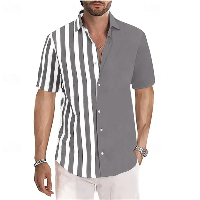 Camicia da uomo estate oversize 6XL camicia da spiaggia manica corta Color Block risvolto a righe Hawaiian Resort abbigliamento moda Casual 2024