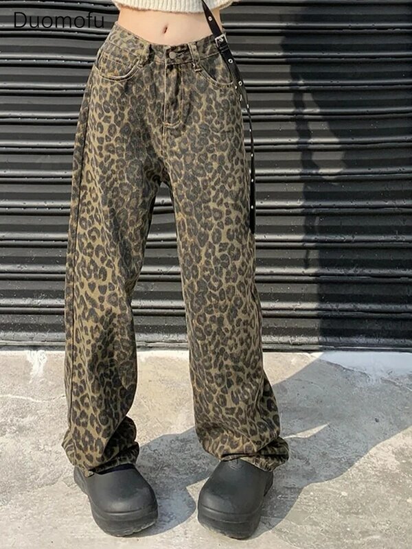 Duomofu-Jeans soltas estampa leopardo vintage feminino, clássico, reto, cintura alta, casual, moda feminina, americano, outono, novo, Y2K