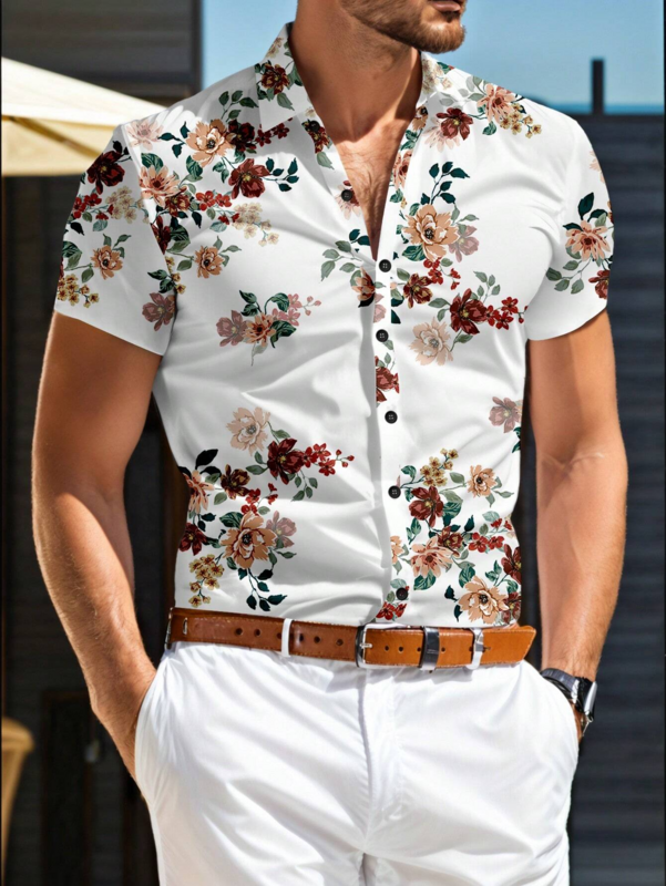 Camisa casual com estampa floral masculina, roupa diária, impressão 3D, manga curta clássica, camisas havaianas masculinas na moda, Harajuku