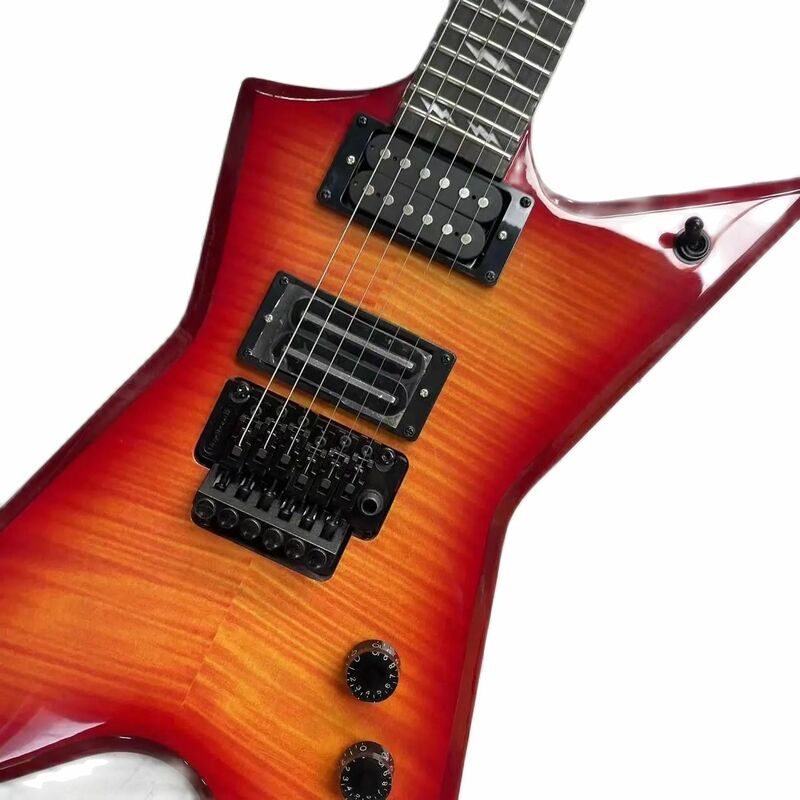 Warrior style gitar listrik 6 senar, bodi merah gradien, papan jari kayu mawar, jalur kayu maple, gambar pabrik nyata, kaleng b