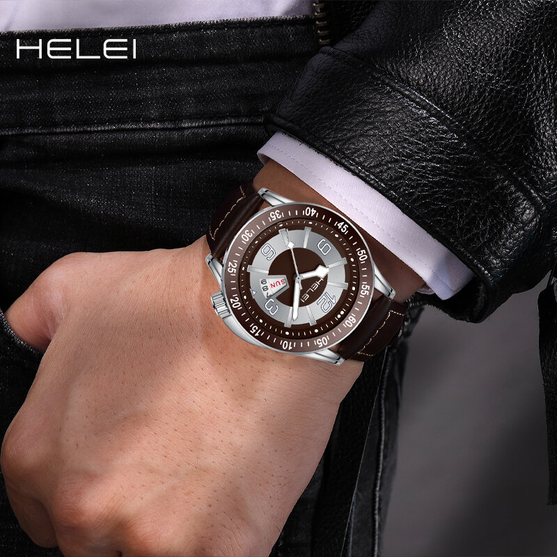 HELEI-Montre à quartz lumineuse avec bracelet en cuir véritable pour homme, montre-bracelet de sport décontractée, date, nouvelle mode