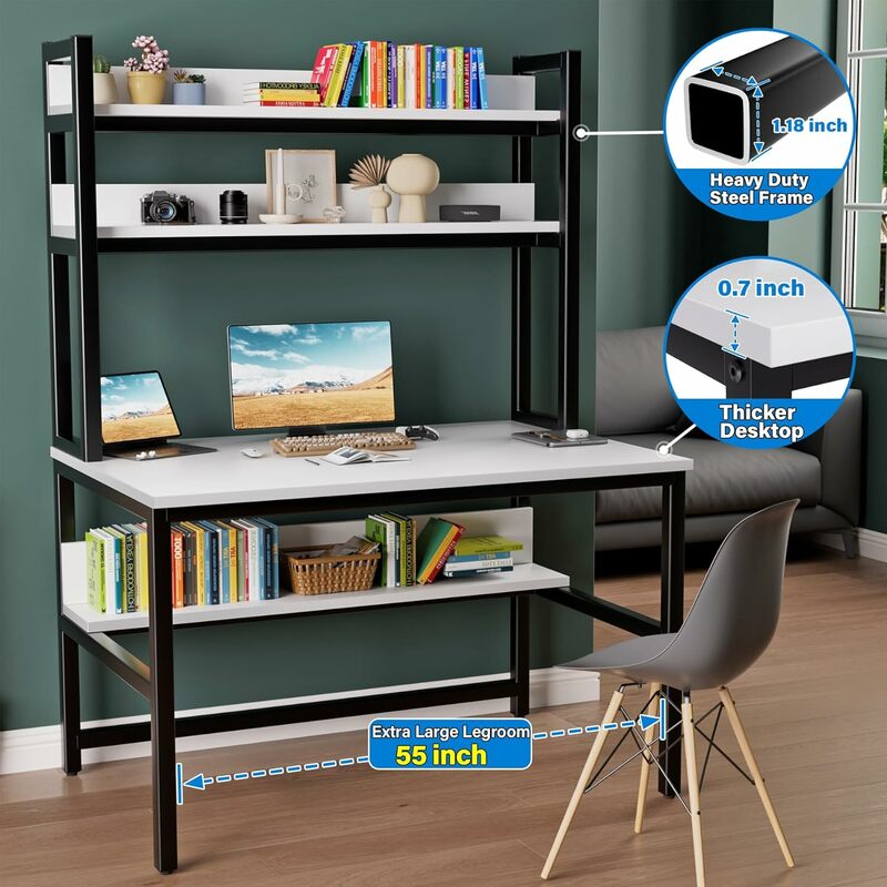 Aquzee Computer Desk with Hutch and Bookshelves, 55 inch Width White Desk with Shelves for Storage, Easy Assemble