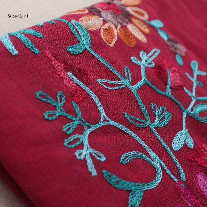 Bufanda lino y algodón bordada con flores para mujer, chal Pashmina, bufandas envolventes J78E