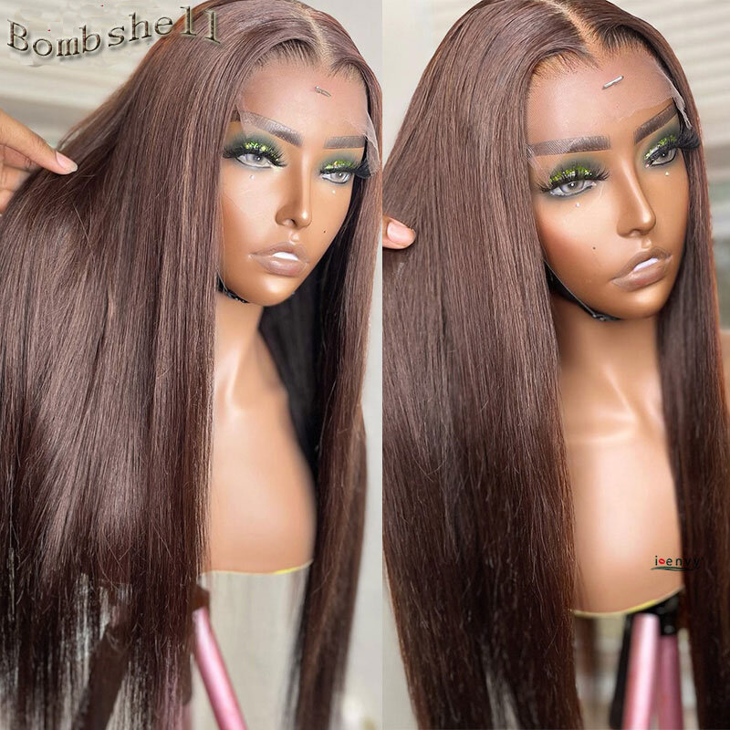 Wig 13X4 sintetis lurus halus coklat tua wig depan renda tanpa lem tahan panas serat rambut alami belahan Tengah untuk wanita
