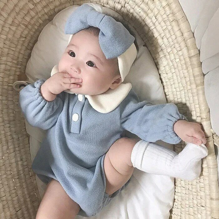 Pakaian bayi musim semi 2024 Bodysuit lengan panjang + ikat kepala pakaian 2 potong overall Solid baju bayi perempuan laki-laki Jumpsuit pakaian bayi