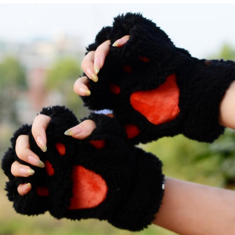 Guanti per zampe di gatto inverno simpatico cartone animato gatto ragazza guanti con dita aperte addensato guanti mezze dita con zampa di orso soffice