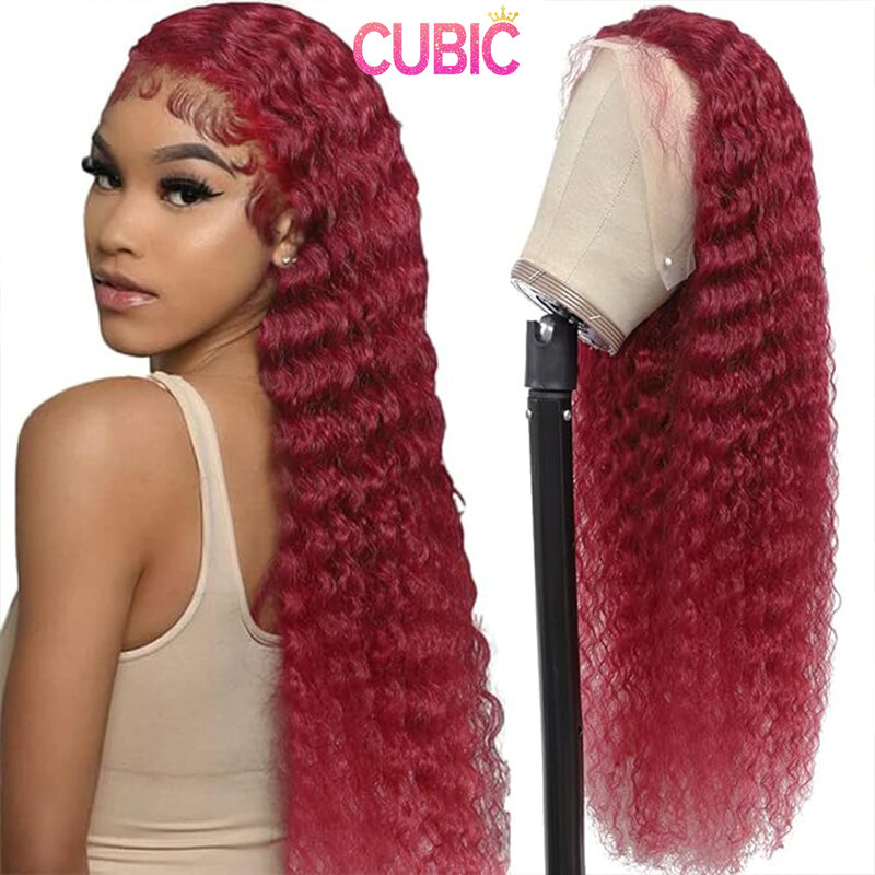 Burgundy Lace Front Wigs Human Hair 13x4 99j Deep Wave Human Hair Wig 200% Density Red Color Deep Curly Lace Front Wig Pre Pluck