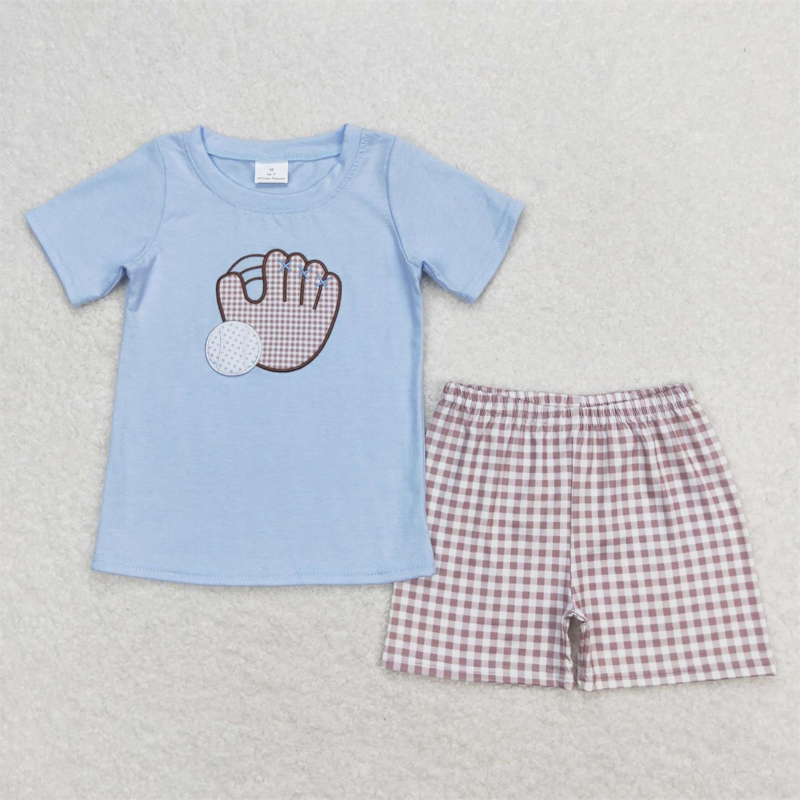 Großhandel Kinder Stickerei Baseball Sommer Set Kinder Kurzarm Baumwoll hemd Plaid Shorts Baby Boy Mädchen zweiteilig Outfit