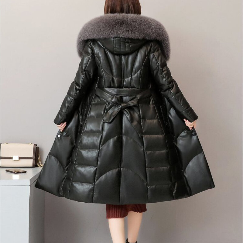 Women 2023 New Leather Coat Fur Imitation Fox Fur Collar Mid length Hooded Cotton Thickened Slim PU Coat