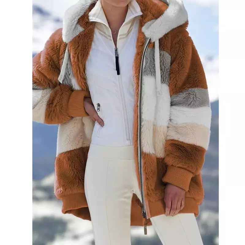 Chaqueta de plumón con capucha para mujer, abrigo de Cachemira con cremallera y costuras a cuadros, 2024